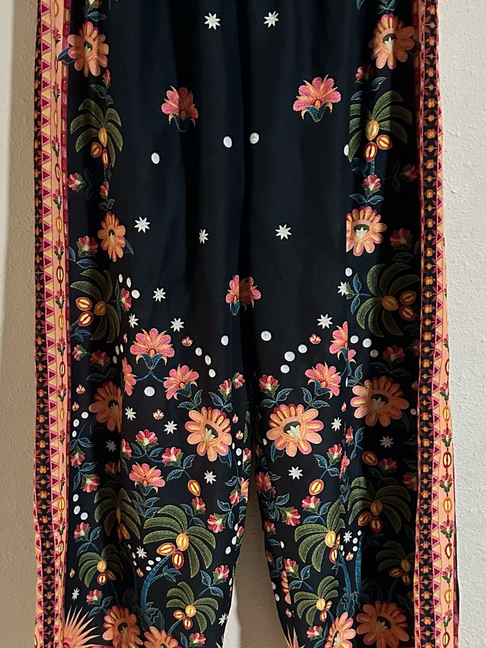 Ethnc Flowy Floral Print Black Wide-Leg Pants with Floral Trim